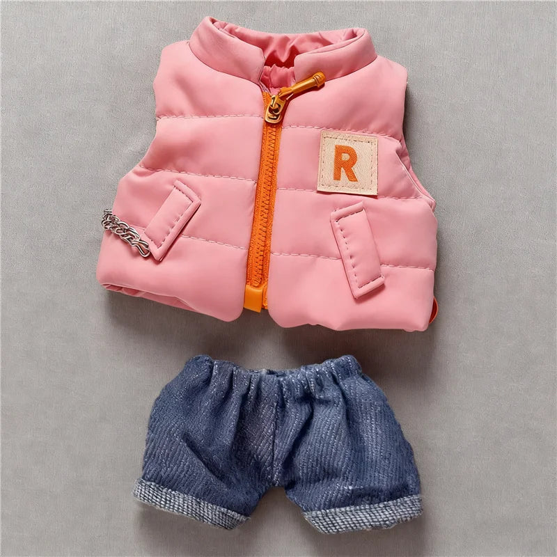 For 15 17cm Labubu Doll Winter Down Vest With Jeans Shoes Complete Outfit Clothes Down Jackets Laser Skiwear Fashion Clothing