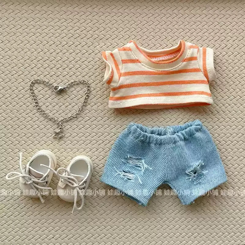 For Clothes 17cm Striped T-Shirt Ripped Jeans Set Children'S Clothing Labubu Doll Changing Clothes Only Clothes Without Dolls