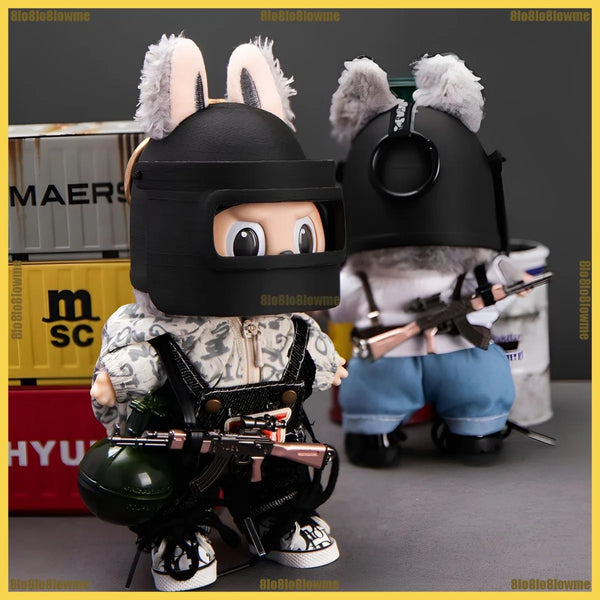 Handsome Labubu Clothes PUBG Shooting Game Helmet Tactical Equipment Set Mini Plush Doll Clothing Fashion Doll Accessories Gift