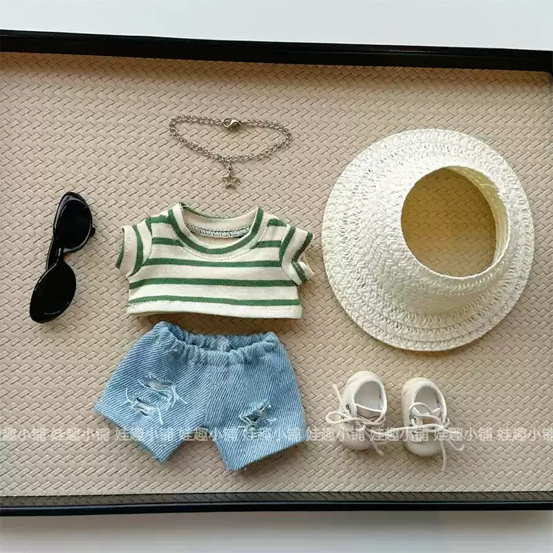 For Clothes 17cm Striped T-Shirt Ripped Jeans Set Children'S Clothing Labubu Doll Changing Clothes Only Clothes Without Dolls