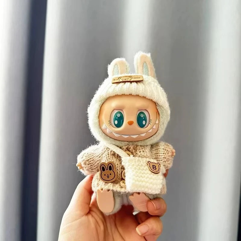 15Cm 17Cm Labubu 1st To 3rd Generation Costume Change Clothes Knitted Rabbit Sweater With Hat And Small Bag Collection