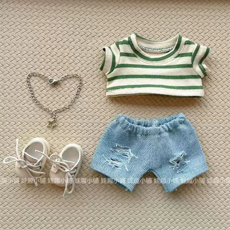 For Clothes 17cm Striped T-Shirt Ripped Jeans Set Children'S Clothing Labubu Doll Changing Clothes Only Clothes Without Dolls
