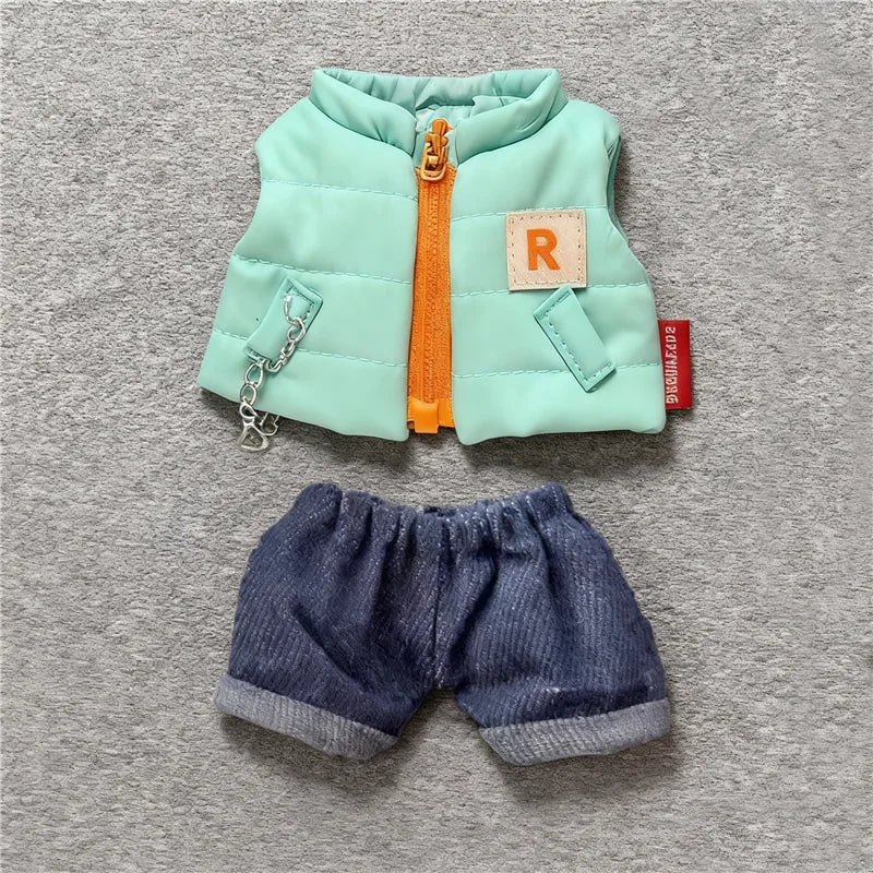 For 15 17cm Labubu Doll Winter Down Vest With Jeans Shoes Complete Outfit Clothes Down Jackets Laser Skiwear Fashion Clothing