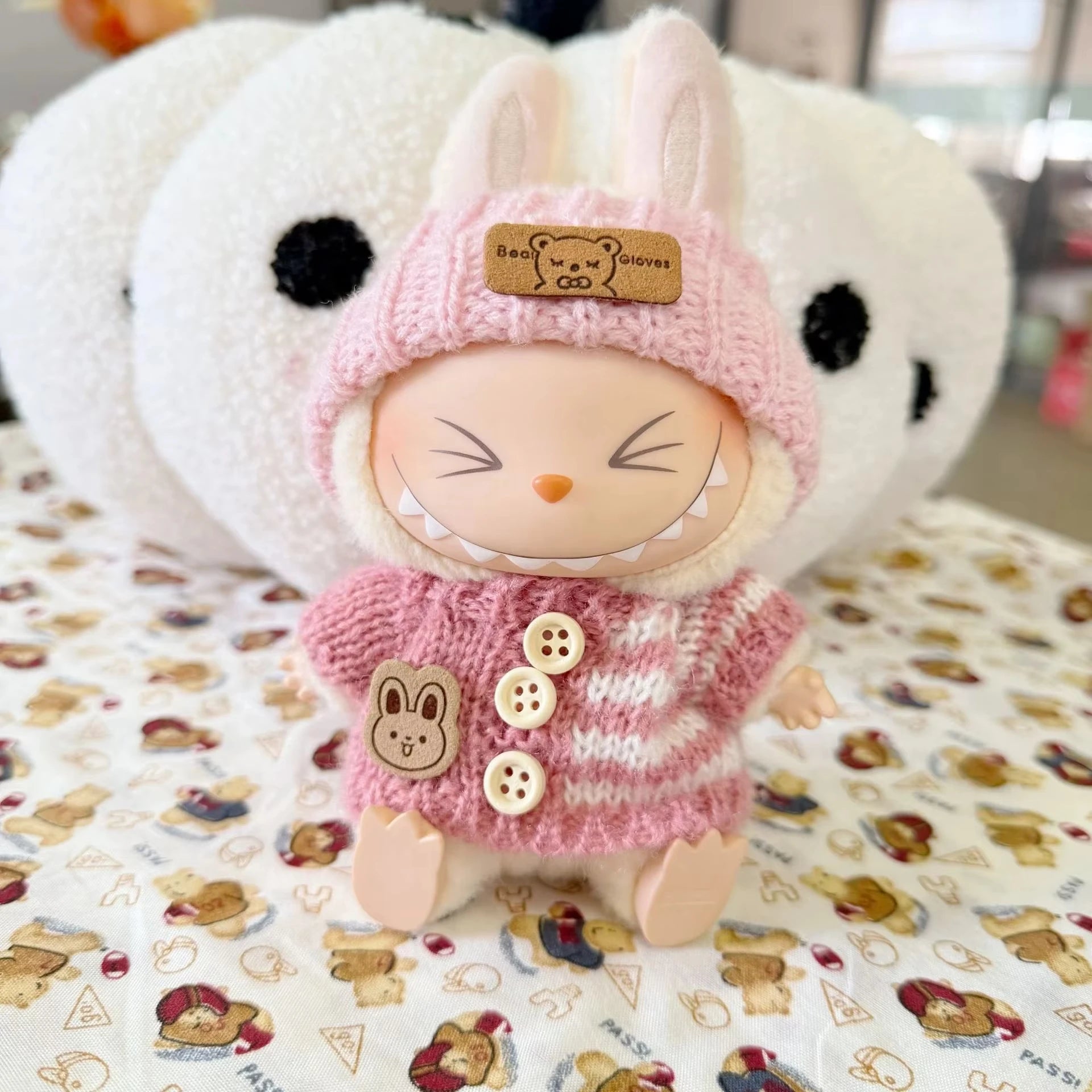 15Cm 17Cm Labubu 1st To 3rd Generation Costume Change Clothes Knitted Rabbit Sweater With Hat And Small Bag Collection