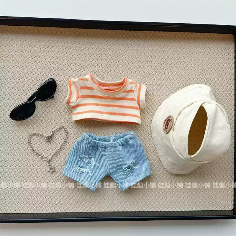 For Clothes 17cm Striped T-Shirt Ripped Jeans Set Children'S Clothing Labubu Doll Changing Clothes Only Clothes Without Dolls