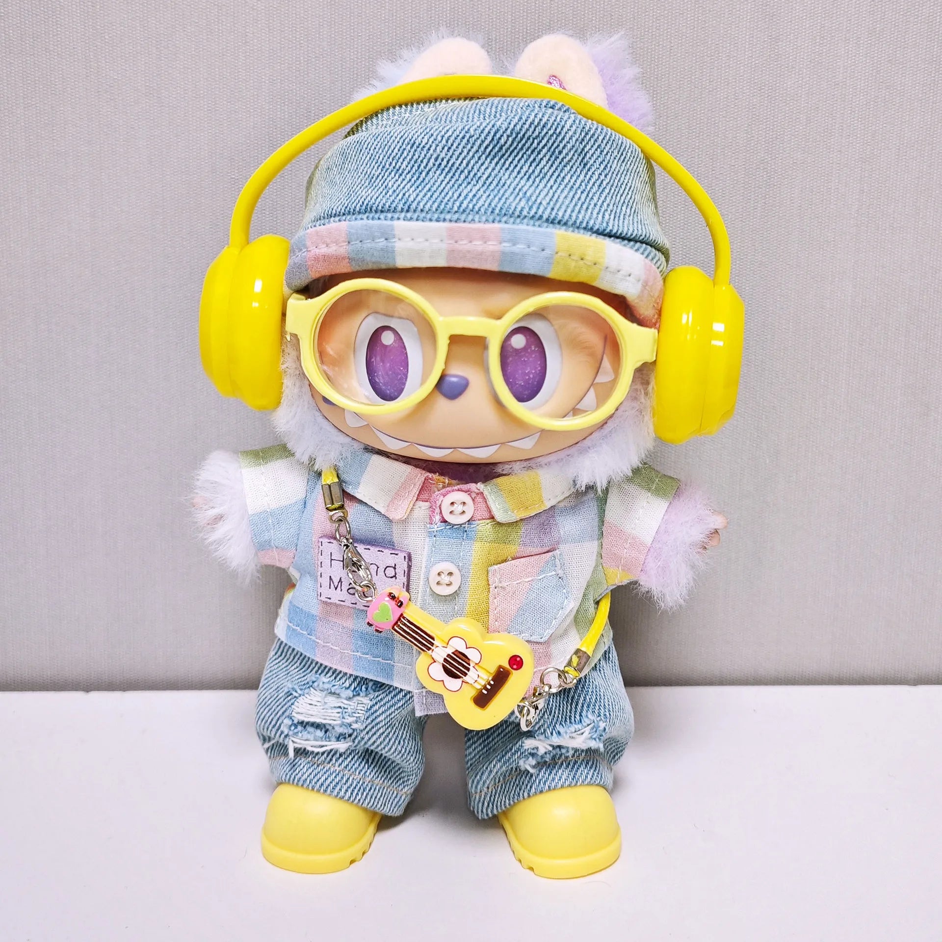 Clothes For Labubu 1st - 3rd Gen 15/17cm Dolls Stylish Orange - Yellow Accented Denim Outfit Set - Rainbow Checkered Shirt