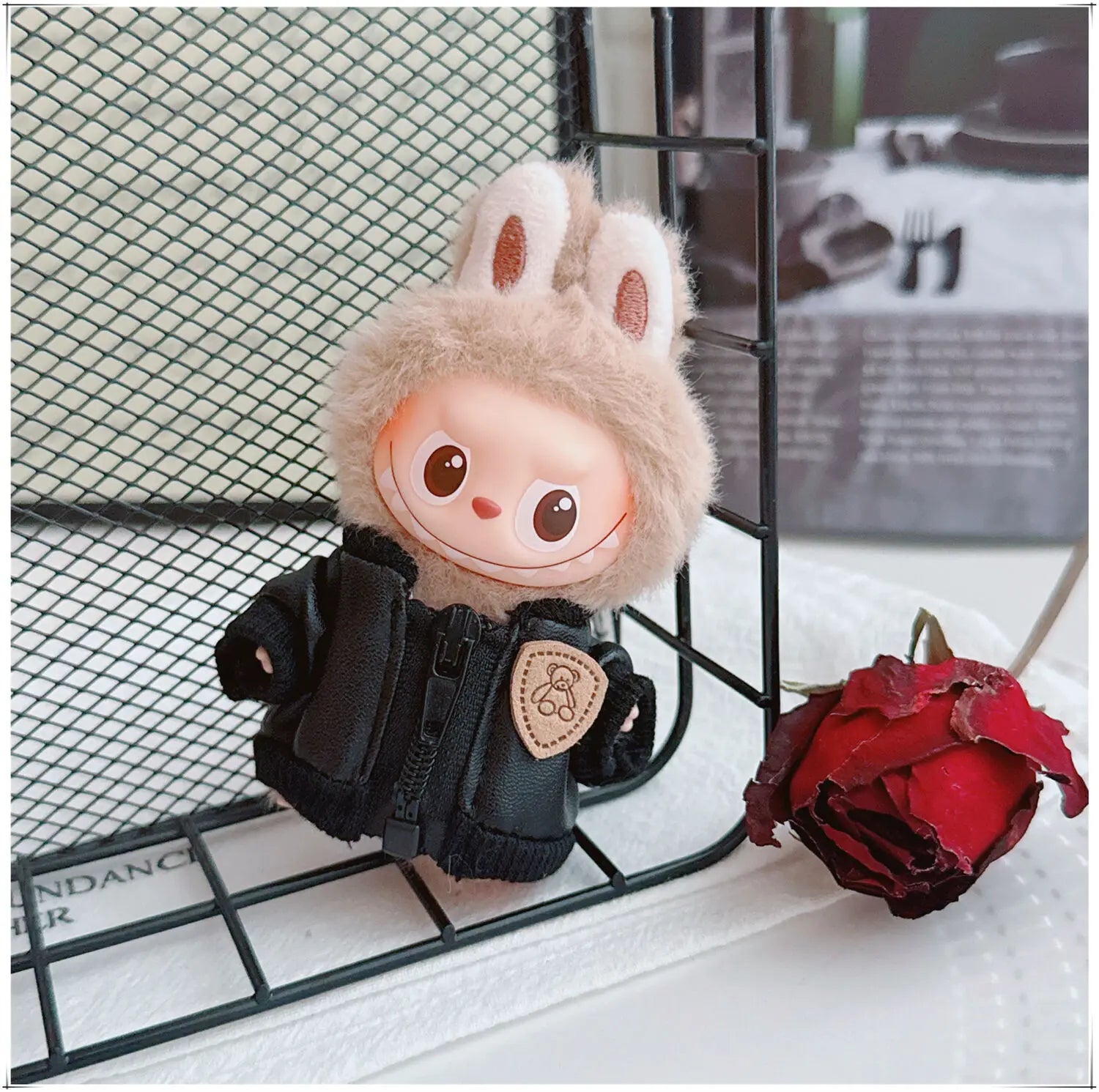 Doll Outfit For 4th Gen 4.0 LABUBU 10cm Mini-Size From Pin For Love Series Leather Jacket – Replacement Outfit