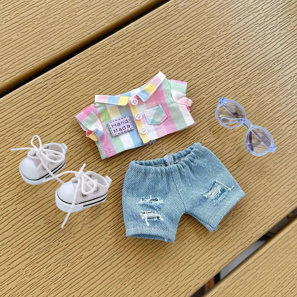 Clothes For Labubu 1st - 3rd Gen 15/17cm Dolls Stylish Orange - Yellow Accented Denim Outfit Set - Rainbow Checkered Shirt