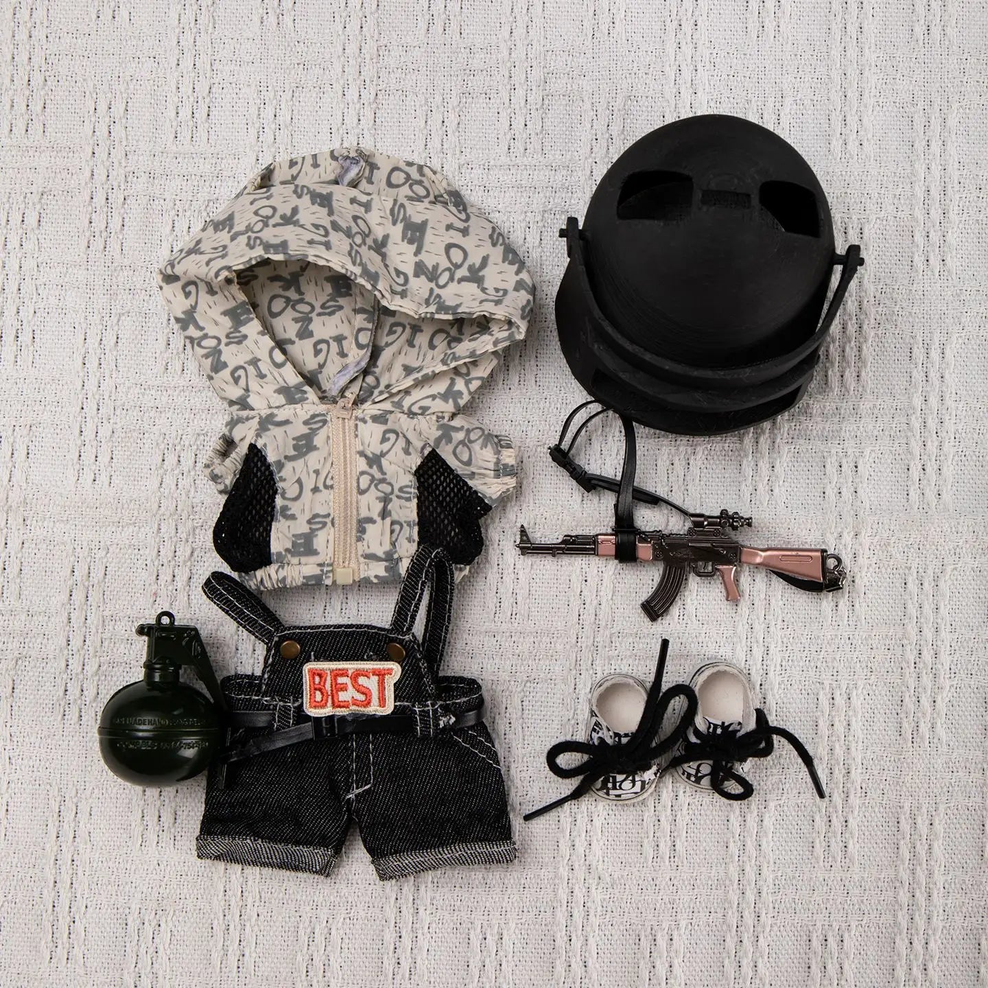 Handsome Labubu Clothes PUBG Shooting Game Helmet Tactical Equipment Set Mini Plush Doll Clothing Fashion Doll Accessories Gift