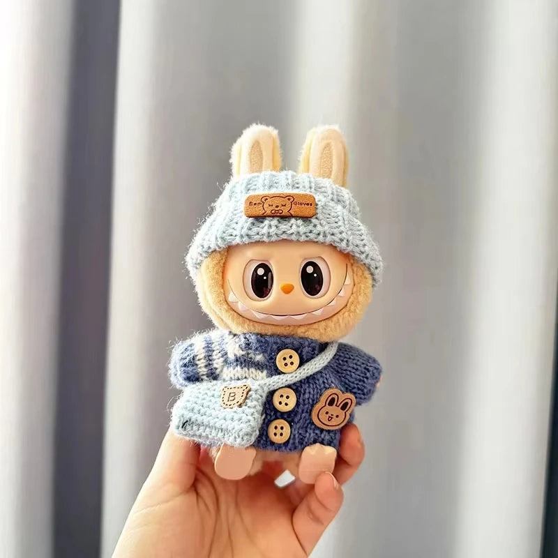 15Cm 17Cm Labubu 1st To 3rd Generation Costume Change Clothes Knitted Rabbit Sweater With Hat And Small Bag Collection