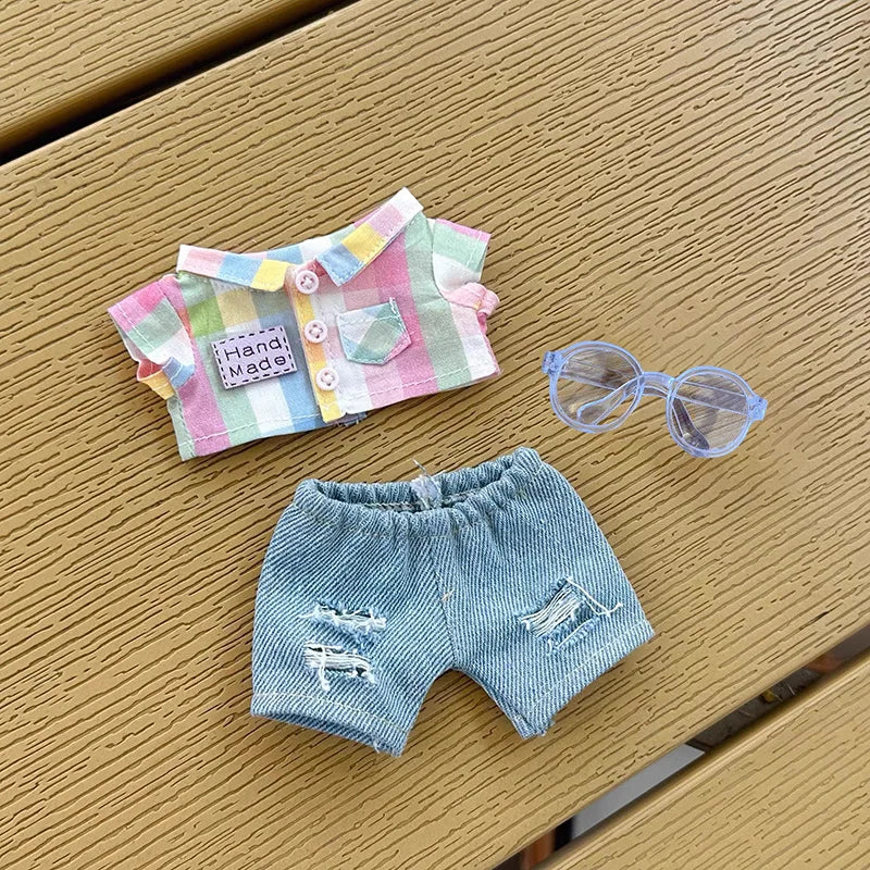Clothes For Labubu 1st - 3rd Gen 15/17cm Dolls Stylish Orange - Yellow Accented Denim Outfit Set - Rainbow Checkered Shirt