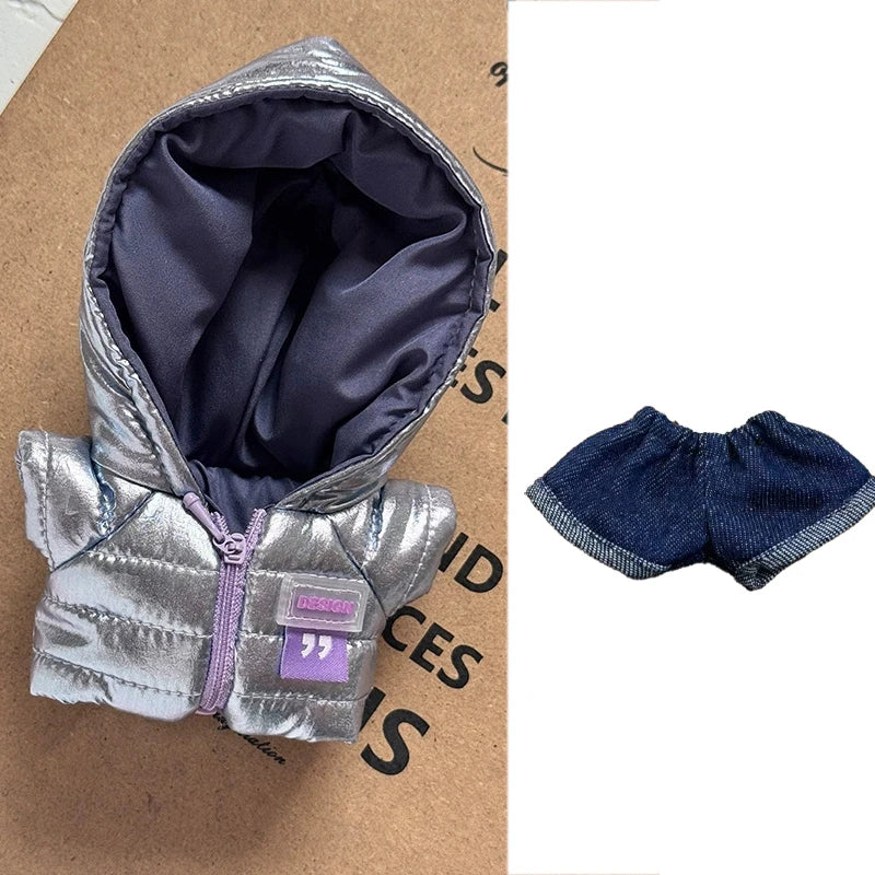 For 15 17cm Labubu Doll Winter Down Vest With Jeans Shoes Complete Outfit Clothes Down Jackets Laser Skiwear Fashion Clothing