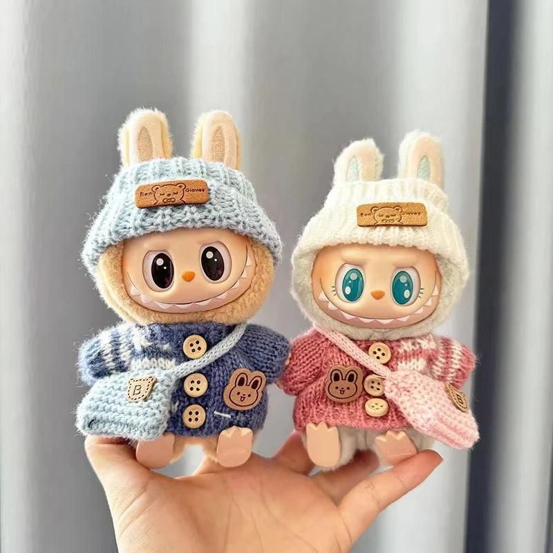 15Cm 17Cm Labubu 1st To 3rd Generation Costume Change Clothes Knitted Rabbit Sweater With Hat And Small Bag Collection