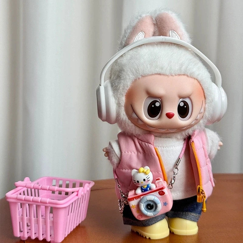 For 15 17cm Labubu Doll Winter Down Vest With Jeans Shoes Complete Outfit Clothes Down Jackets Laser Skiwear Fashion Clothing