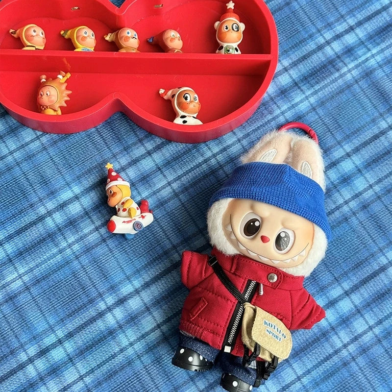 For 15 17cm Labubu Doll Winter Down Vest With Jeans Shoes Complete Outfit Clothes Down Jackets Laser Skiwear Fashion Clothing