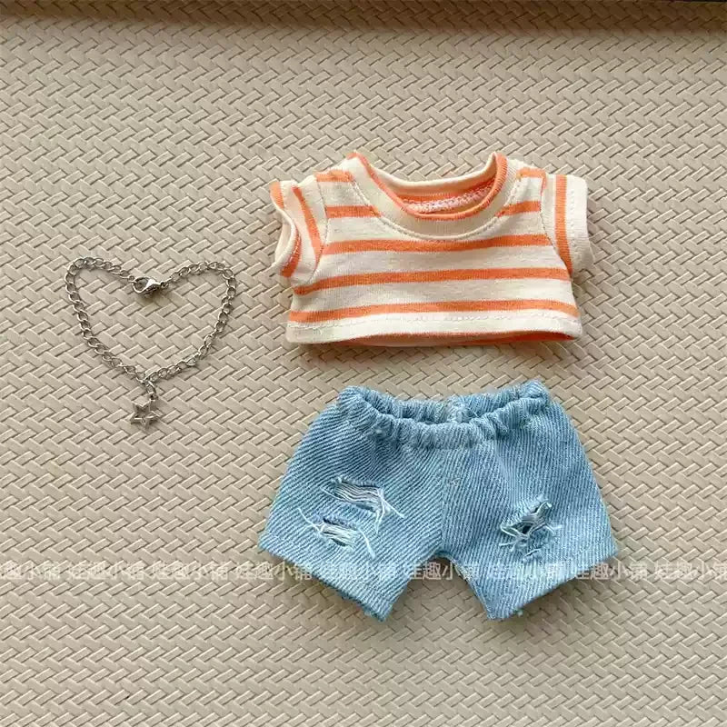 For Clothes 17cm Striped T-Shirt Ripped Jeans Set Children'S Clothing Labubu Doll Changing Clothes Only Clothes Without Dolls