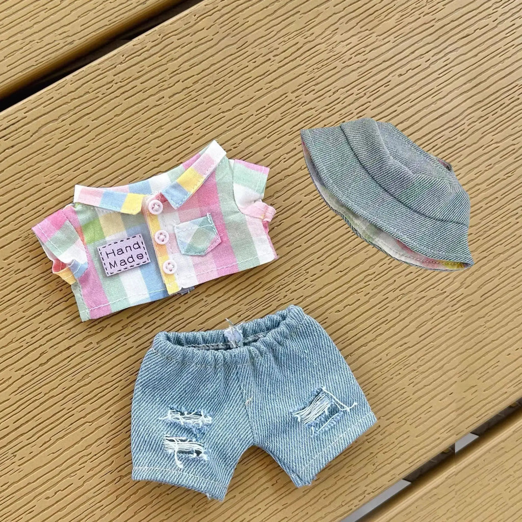 Clothes For Labubu 1st - 3rd Gen 15/17cm Dolls Stylish Orange - Yellow Accented Denim Outfit Set - Rainbow Checkered Shirt