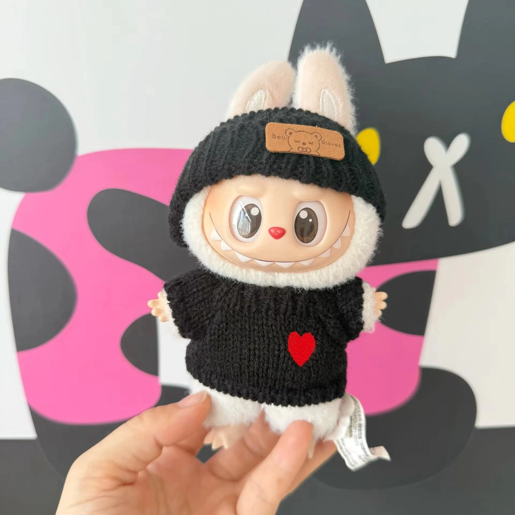 15Cm 17Cm Labubu 1st To 3rd Generation Costume Change Clothes Knitted Rabbit Sweater With Hat And Small Bag Collection
