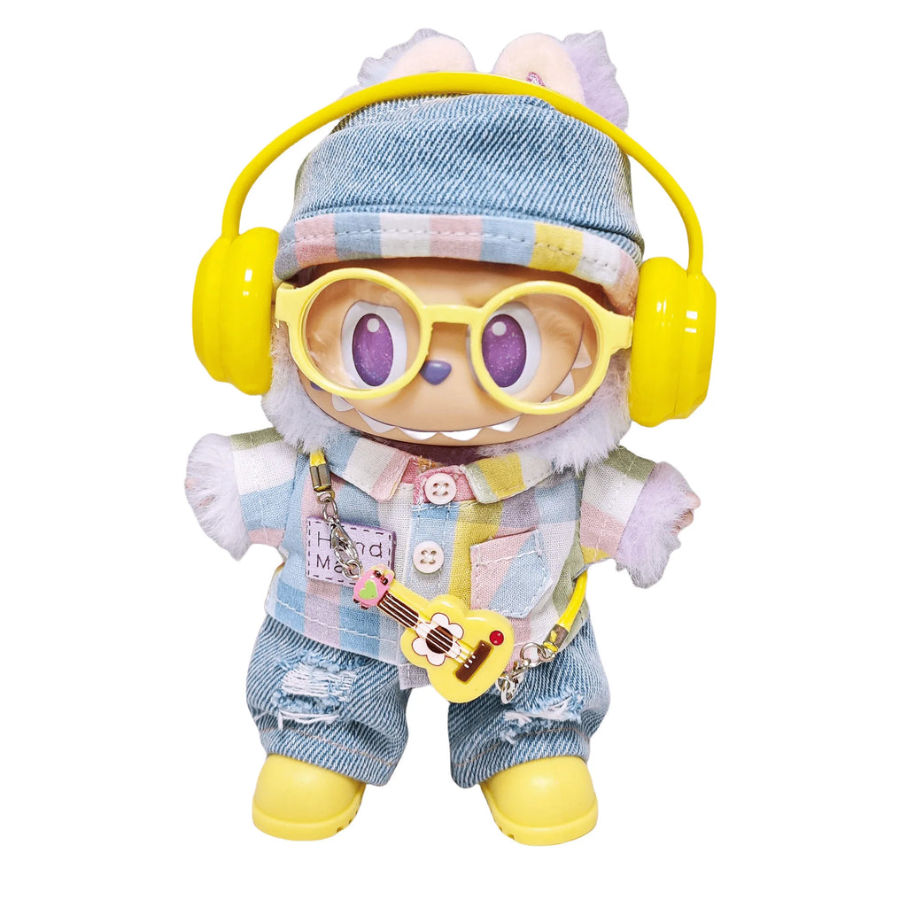 Clothes For Labubu 1st - 3rd Gen 15/17cm Dolls Stylish Orange - Yellow Accented Denim Outfit Set - Rainbow Checkered Shirt
