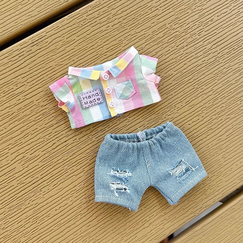 Clothes For Labubu 1st - 3rd Gen 15/17cm Dolls Stylish Orange - Yellow Accented Denim Outfit Set - Rainbow Checkered Shirt
