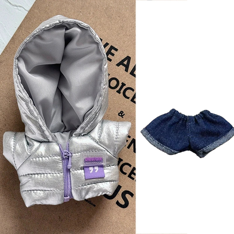 For 15 17cm Labubu Doll Winter Down Vest With Jeans Shoes Complete Outfit Clothes Down Jackets Laser Skiwear Fashion Clothing
