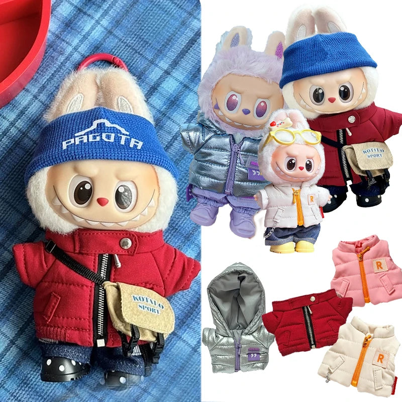 For 15 17cm Labubu Doll Winter Down Vest With Jeans Shoes Complete Outfit Clothes Down Jackets Laser Skiwear Fashion Clothing