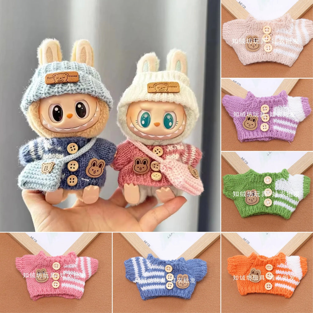 15Cm 17Cm Labubu 1st To 3rd Generation Costume Change Clothes Knitted Rabbit Sweater With Hat And Small Bag Collection