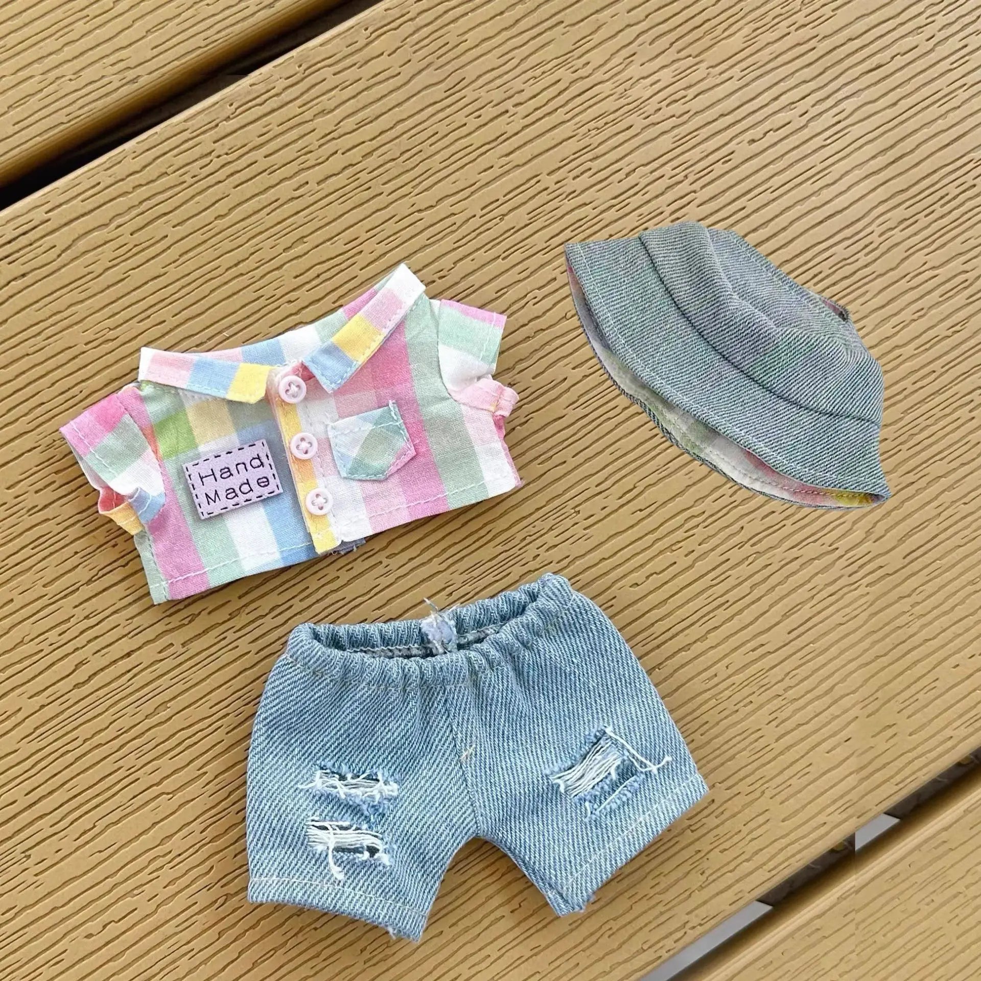 Clothes For Labubu 1st - 3rd Gen 15/17cm Dolls Stylish Orange - Yellow Accented Denim Outfit Set - Rainbow Checkered Shirt