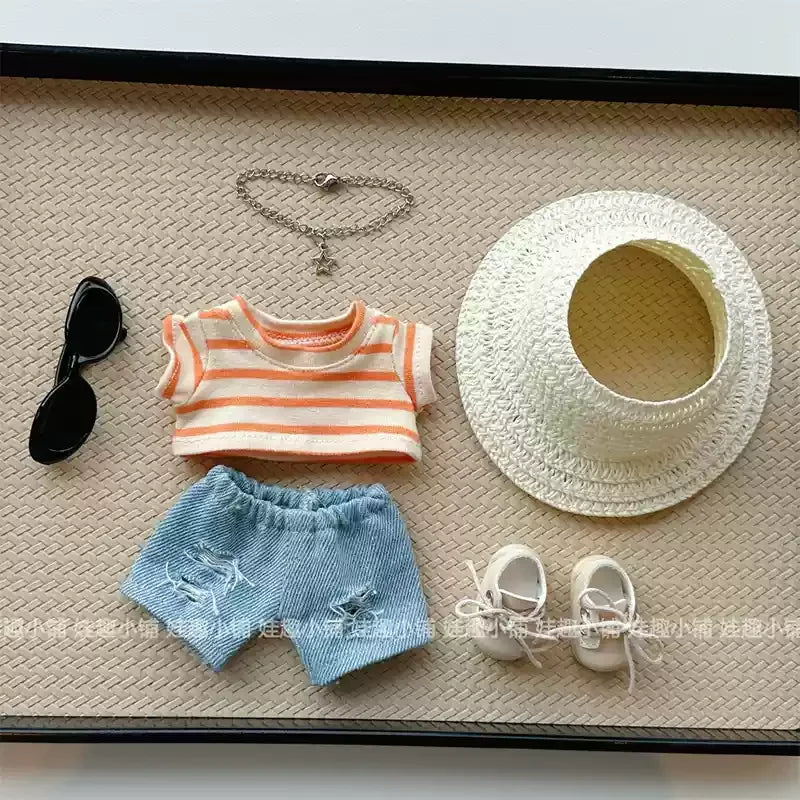 For Clothes 17cm Striped T-Shirt Ripped Jeans Set Children'S Clothing Labubu Doll Changing Clothes Only Clothes Without Dolls