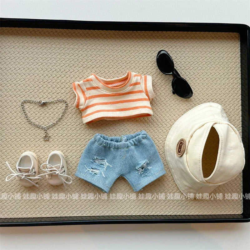 For Clothes 17cm Striped T-Shirt Ripped Jeans Set Children'S Clothing Labubu Doll Changing Clothes Only Clothes Without Dolls